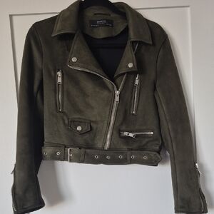 Zara Olive Suede Biker Jacket with Silver Accents